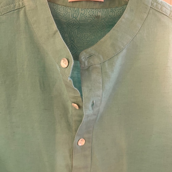 FabIndia Men’s Teal Blue Woven Linen Blend Nehru Kurta roll tab sleeves Sz 38 M - Picture 11 of 12